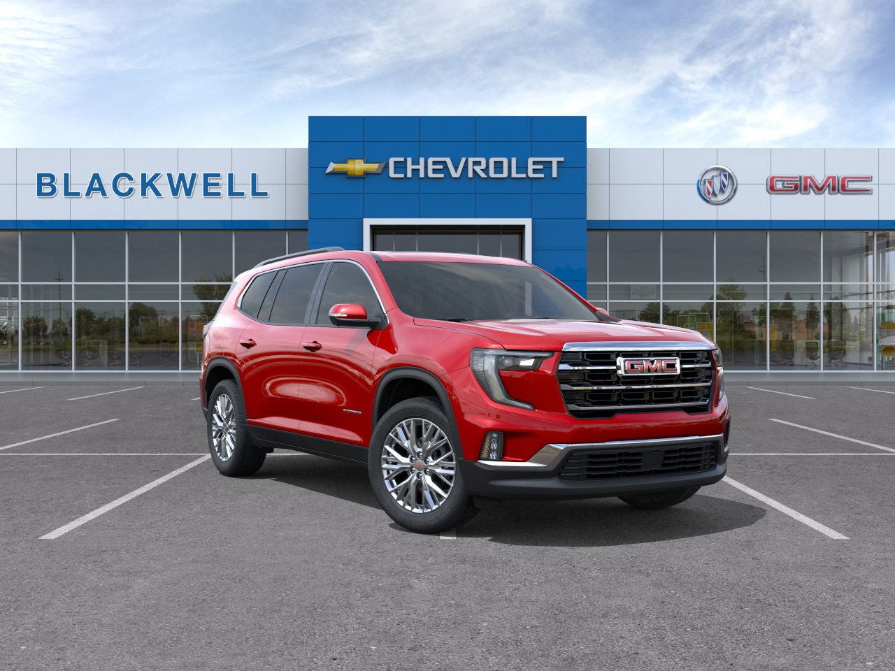 2026 GMC Acadia Elevation in Volcanic Red Tintcoat — front three-quarter view