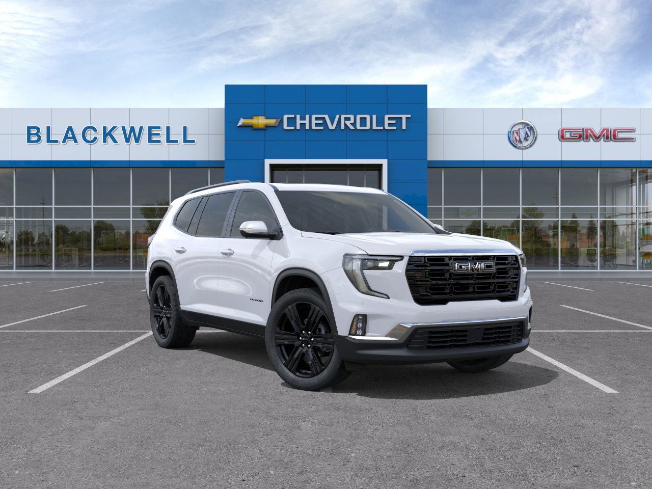 2026 GMC Acadia Elevation in Summit White — front three-quarter view