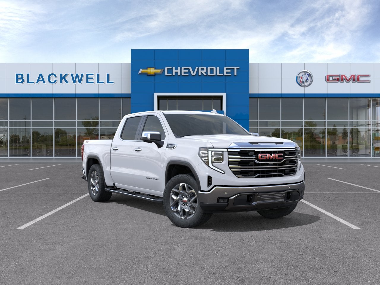 2026 GMC Sierra 1500 SLT in Summit White — front three-quarter view
